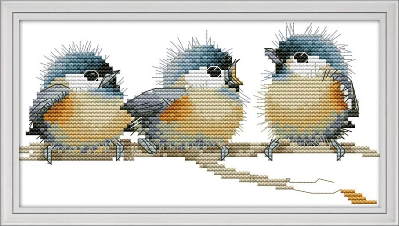 Three Birds Cross Stitch Kit – Stamped or Counted Embroidery Kit for Beginners & Adults, Easy Pattern DIY Needlepoint Craft with Threads & Needles, Creative Gift Idea